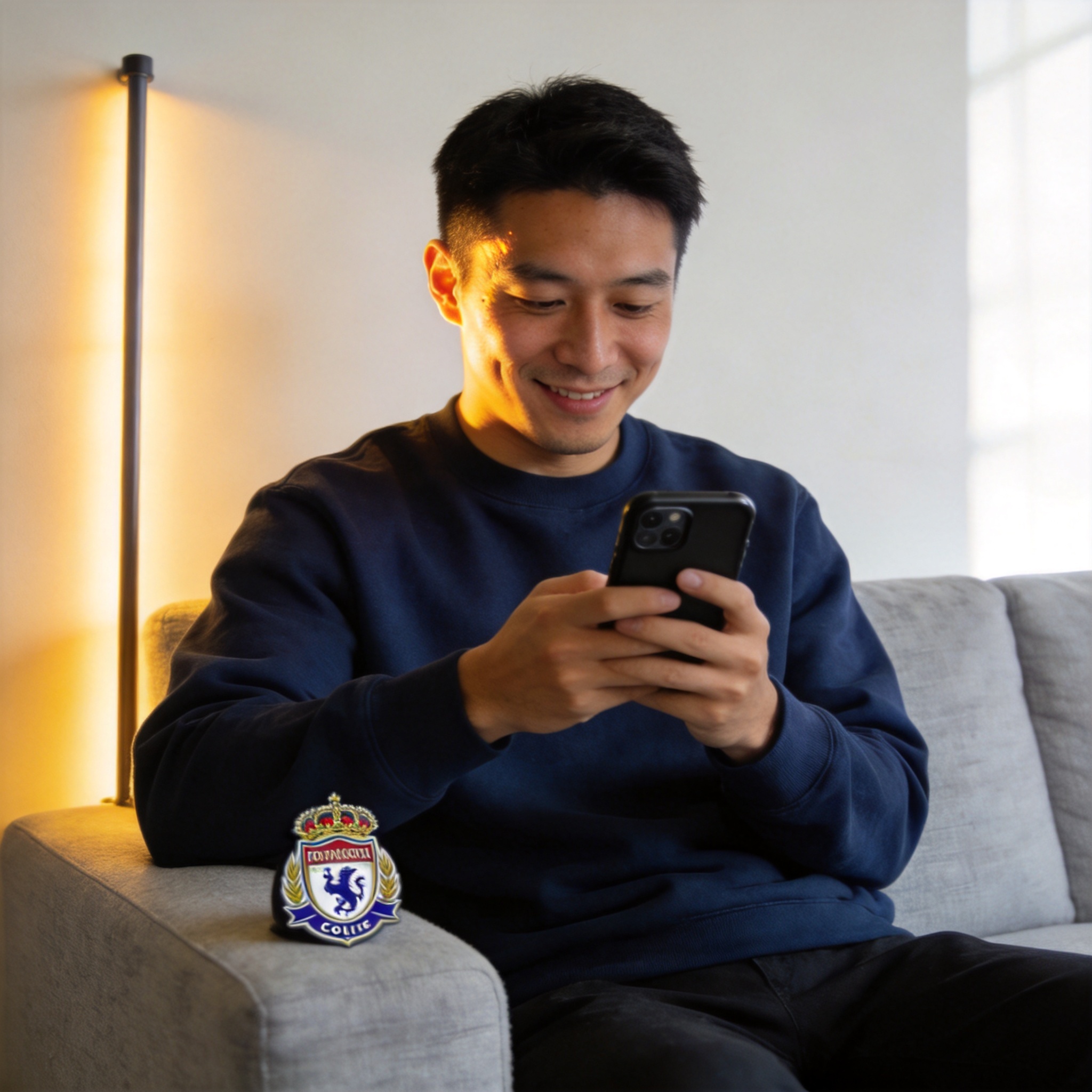 用户头像，坐在沙发上看手机比分的男性球迷